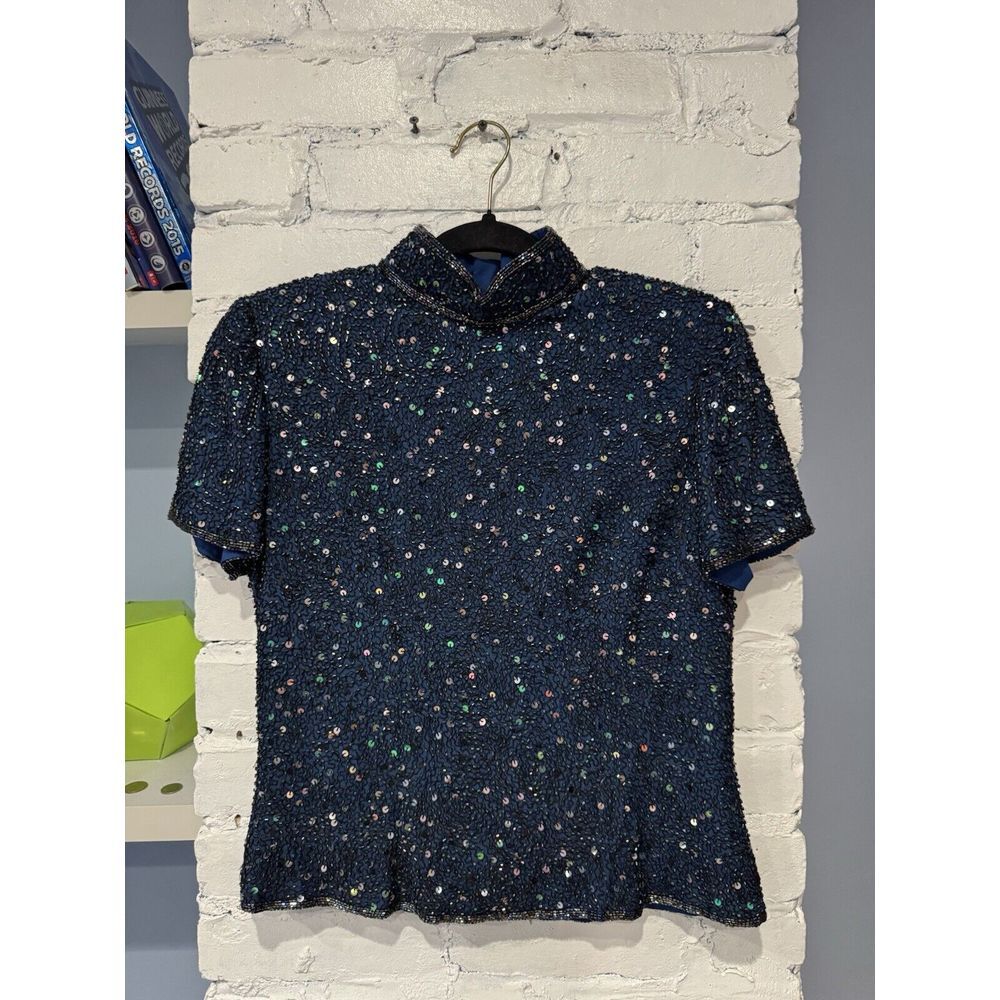Emma Black‎ M Silk Beaded Top Evening Elegant Vintage Sequins Short Sleeve